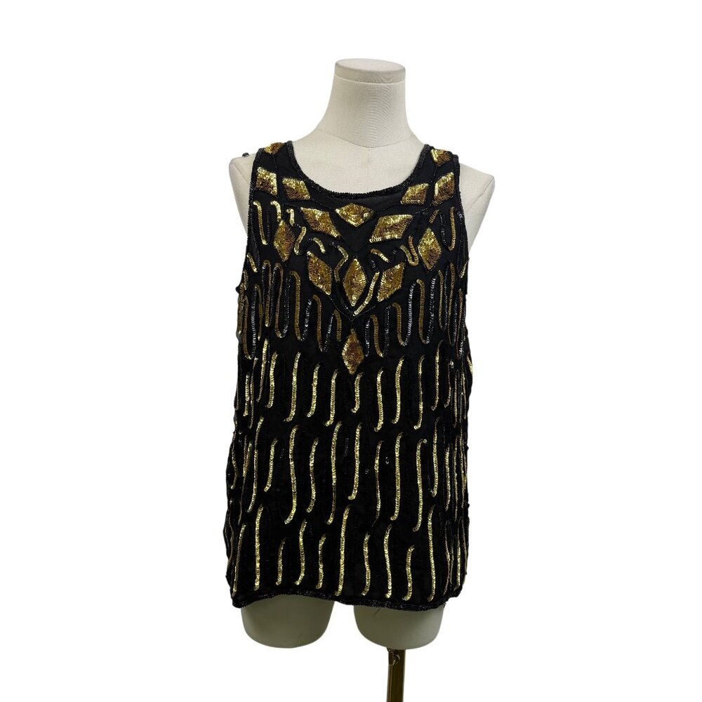 Jakelin Designs Women’s Black & Gold Silk Sequin Blouse Party Glam Size M - New